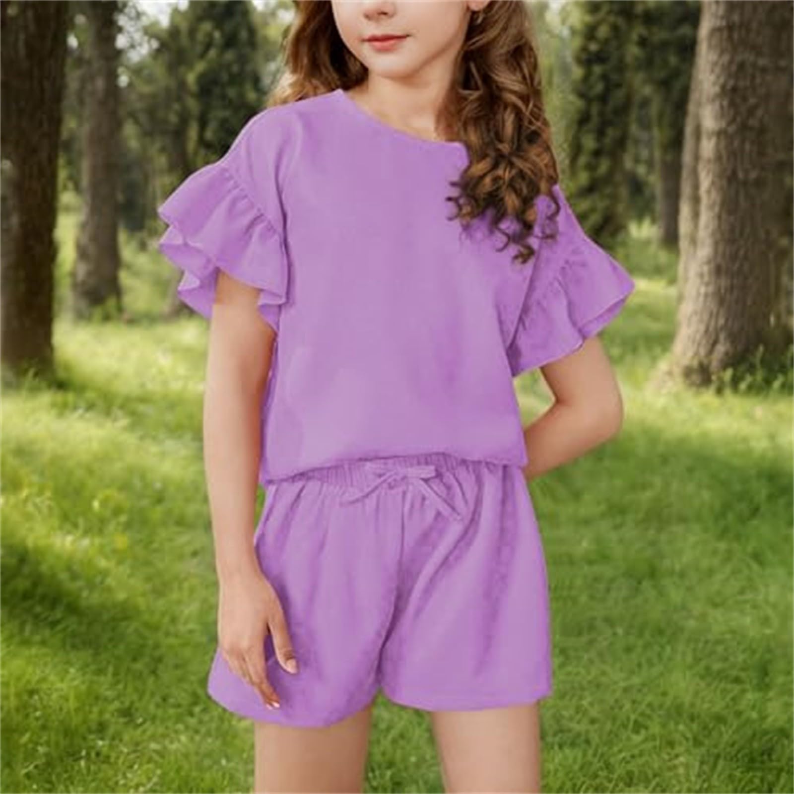Conjunto de ropa de verano para niña, camiseta de manga con flecos y pantalones cortos elásticos, informal, ligero, conjunto de ropa de 2 piezas