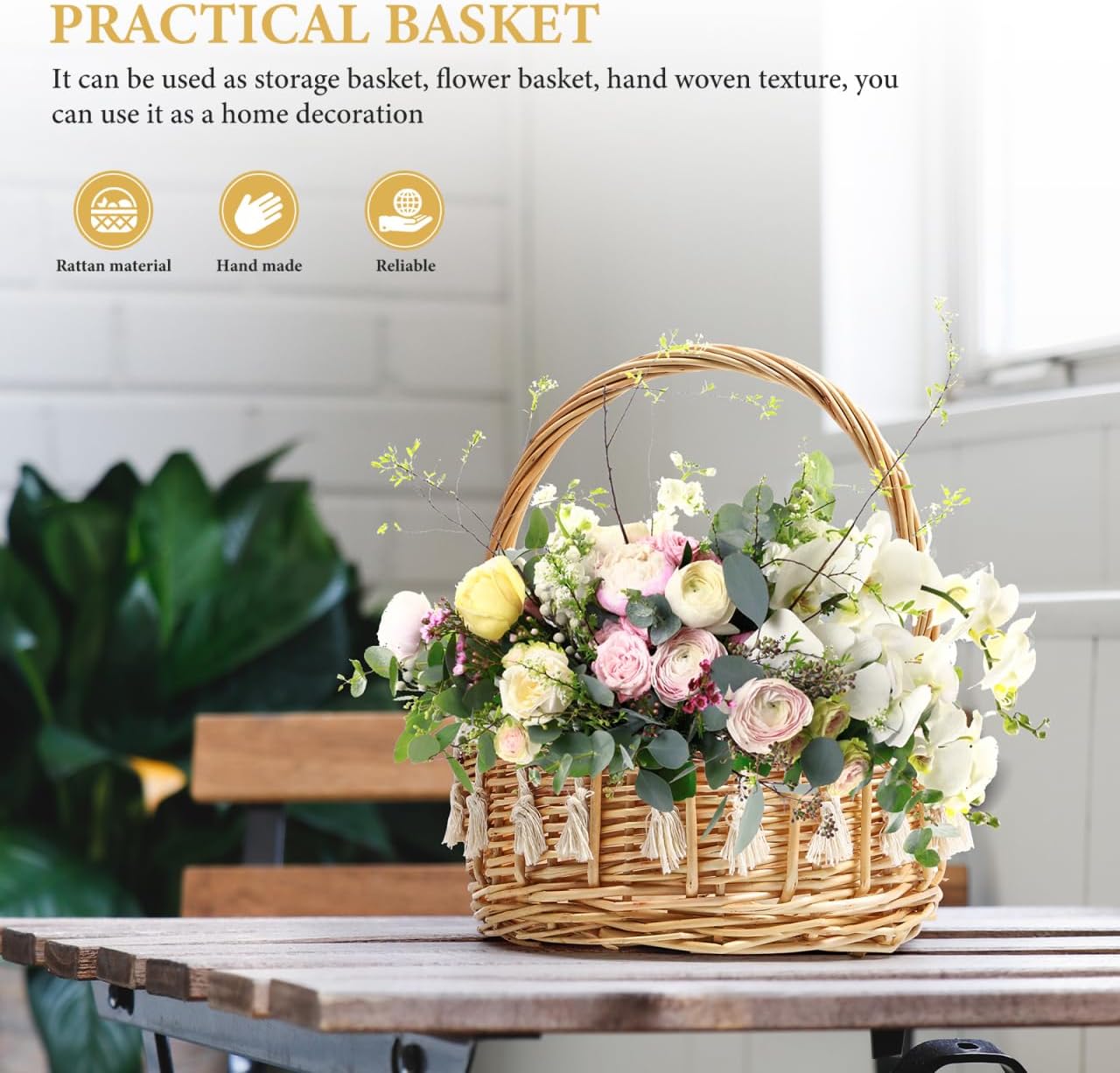 DOITOOL Wicker Bride Basket, Rattan Woven Flower Girl Basket with Handle, Rustic Rattan Wicker Storage for Wedding Ceremony Petals, Boho Fringe Photo Prop and Easter Egg Hunt, 6.3x6.3x8.7in