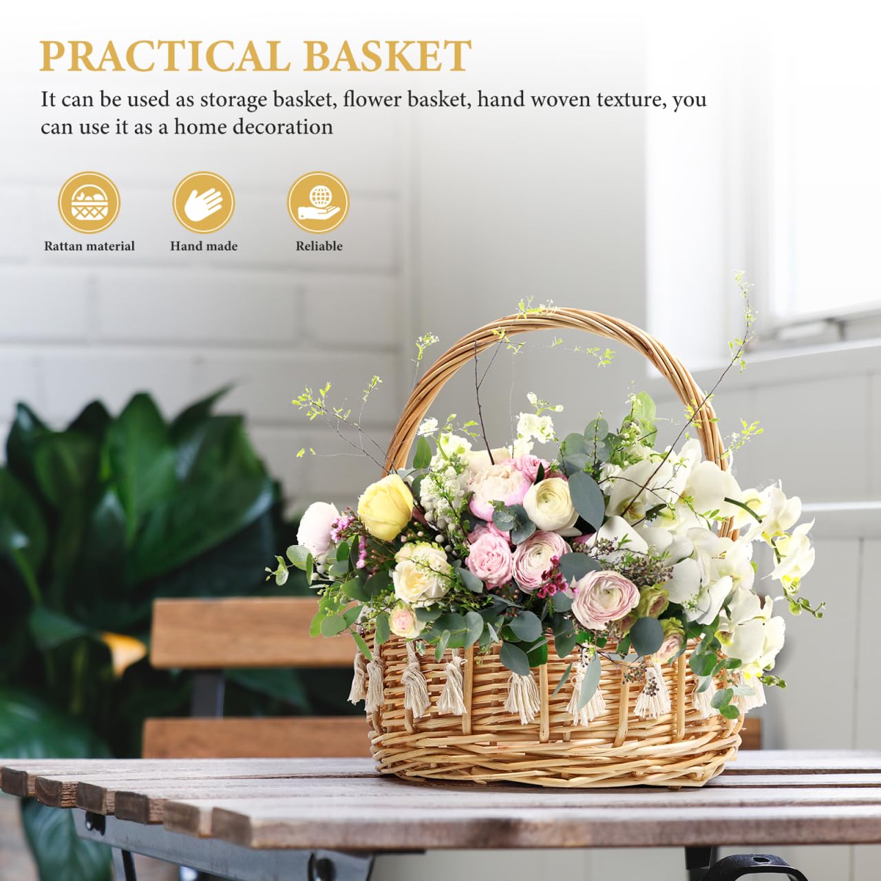 DOITOOL Gewebter Aufbewahrungskorb mit Griffen, Hochzeits-Blumenmädchen-Körbe, Blumen-Osterkorb, dekorativer Weidenkorb, rustikaler Blumenkorb für Zuhause, Hochzeit, Gartendekoration, S (21x17x17 cm)
