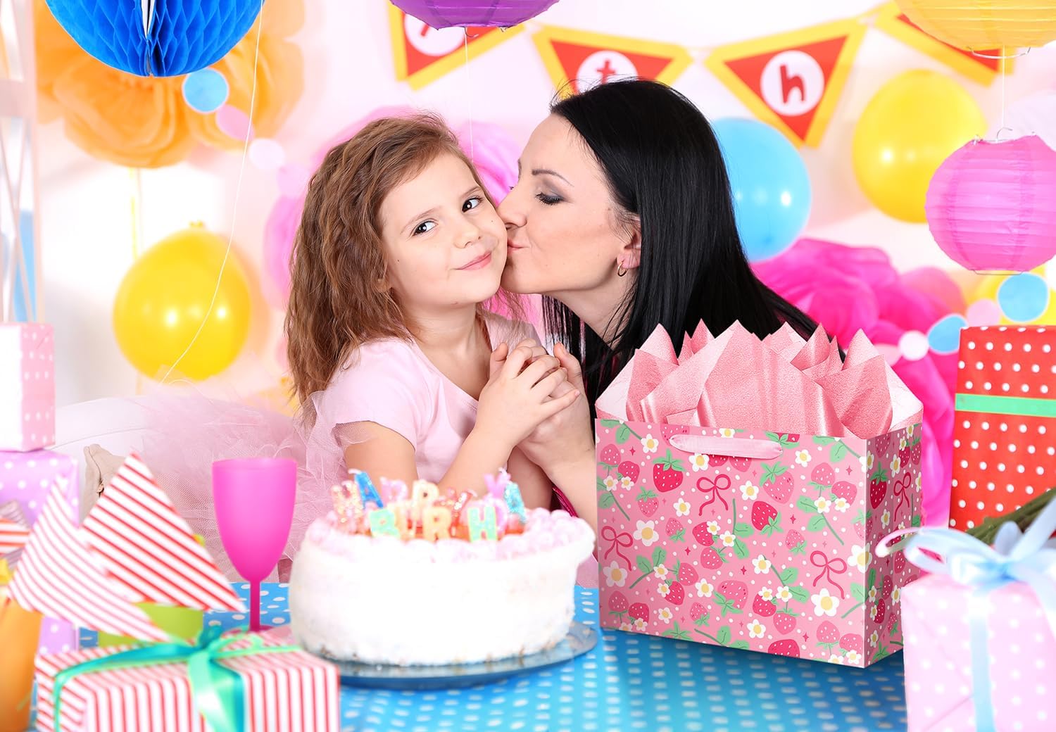 Jaywayang 12.6" Strawberry Gift Bag with Tissue Paper and Card, Pink Birthday Gift Bag for Girls Kids Birthday, Baby Shower Party Supplies. - Image 3