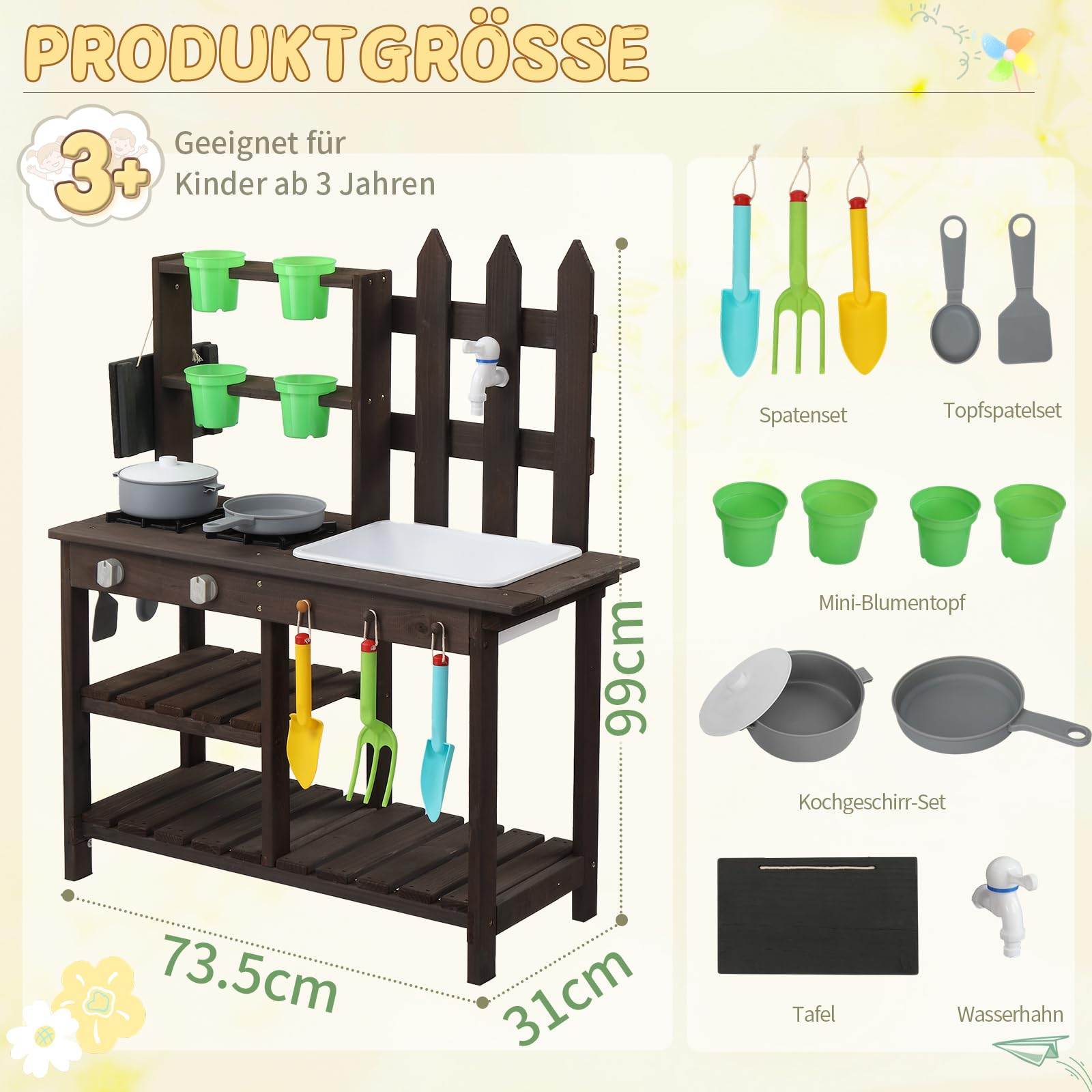 LEADZM Spielküche Gartenspielküche Matschküche Kinder Outdoor mit Spüle, Blumentopf, Wasserhahn, Kinderküche mit Herd, geeignet für Kinder ab 6 Jahren, Dunkelbraun