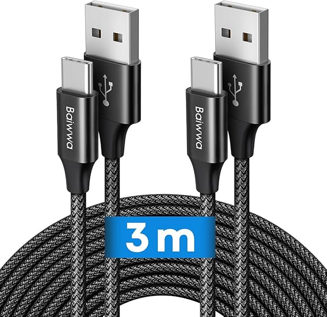 Baiwwa USB C Cable (3M, 2-Pack), Long USB A to Type C Cable Fast Charger Phone Charging Lead Compatible with Samsung Galaxy S20 S21 S10 S9 S8 Plus, A41 A51 A71 A20e A21s