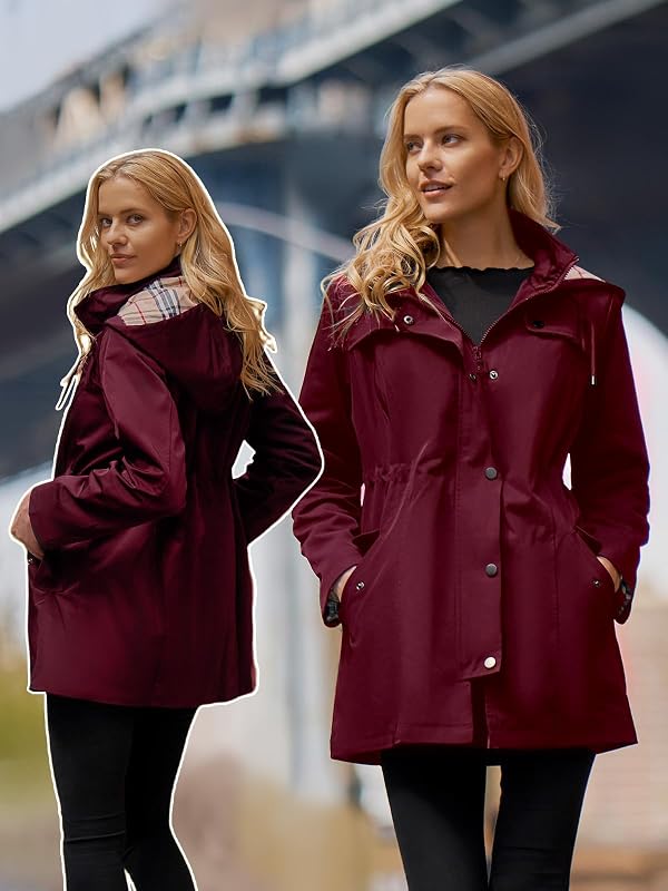 SaphiRose Women's Waterproof Rain Jacket Long Lined Raincoat Outdoor Windbreaker with Hood (Burgundy,XXX-Large) by SaphiRose - Image 2