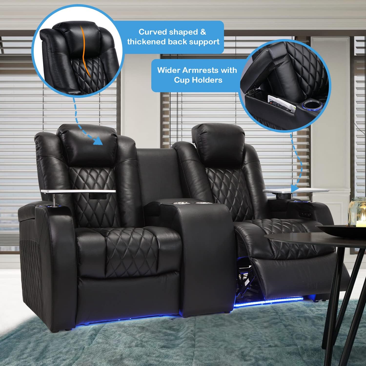Weilianda Home Theater Seating Top Grain Leather Recliner Chair Dual Power Movie Gaming Sofa Electric Headrest with Tray Table Type-C USB Charge Contain Center Storage Console Black : Home & Kitchen