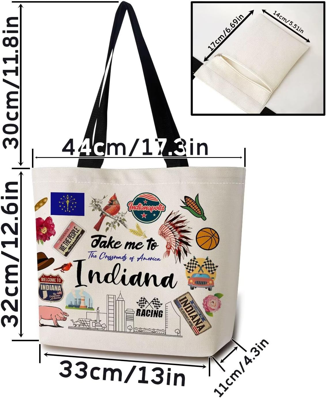 Take Me To Indiana Tote Bag Reusable Grocery Bags Aesthetic Shopping Shoulder Handbag with Interior Pocket Lightweight & Washable Stylish Indiana Travel Present for Women