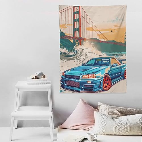 Miniatura 8 de QEOPGNE Tapiz grande para colgar en la pared, diseño de puente de puerta dorada, grandes olas, japonés, retro, Jdm, auto, R34, tapiz para