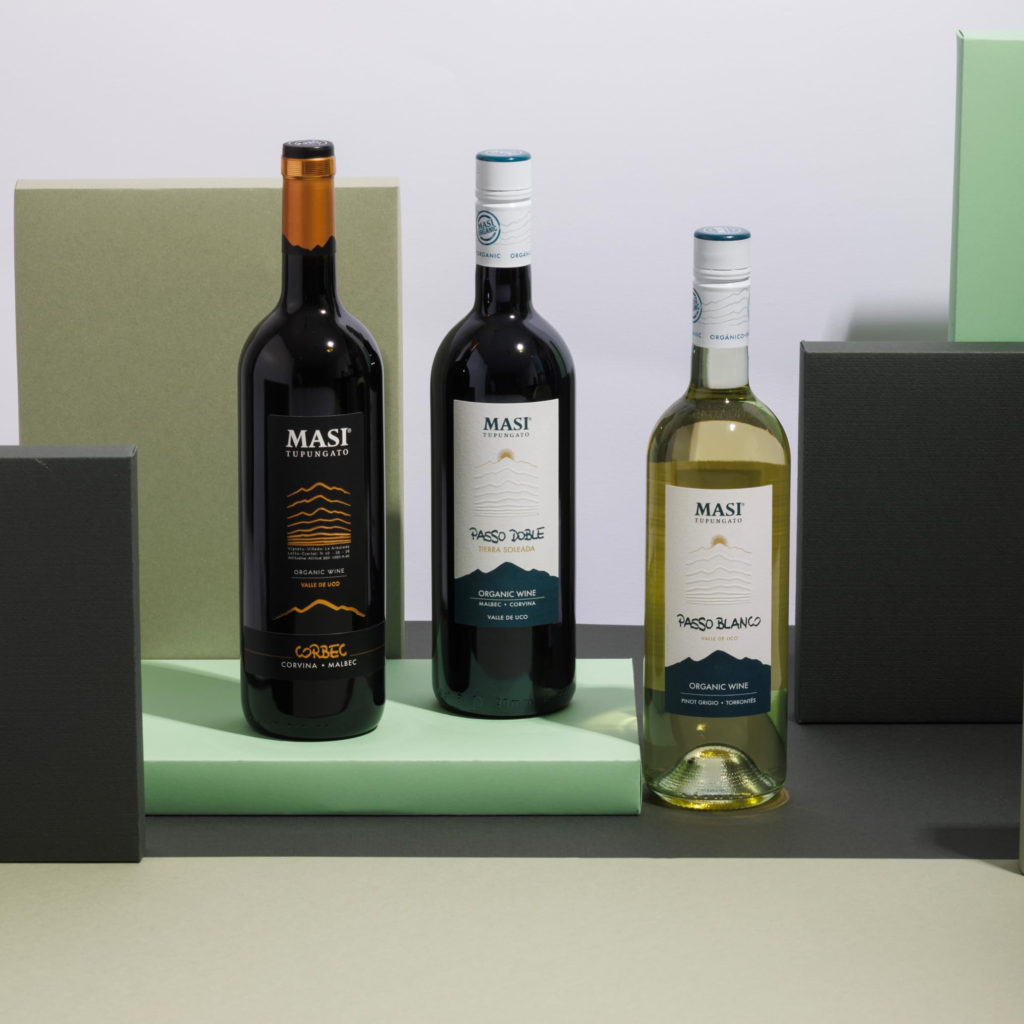 Confezione esclusiva "Masi Tupungato" | CORBEC 2019 Rosso di Argentina BIO, PASSO DOBLE 2021 Rosso di Argentina BIO, PASSO BLANCO 2023 Bianco di Argentina BIO | 3x750 ml | Confezione in legno