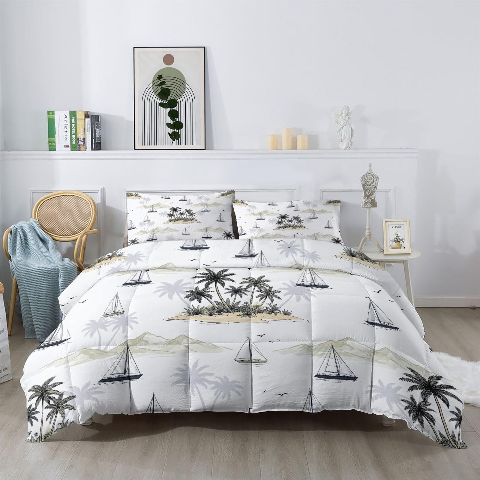 Edredón de isla tropical sin funda de 220 x 240 cm, 4 estaciones, lavable, crema ligera, respetuosa con la piel, paisaje marino natural, velero, hoja de palma, edredón suave y cálido