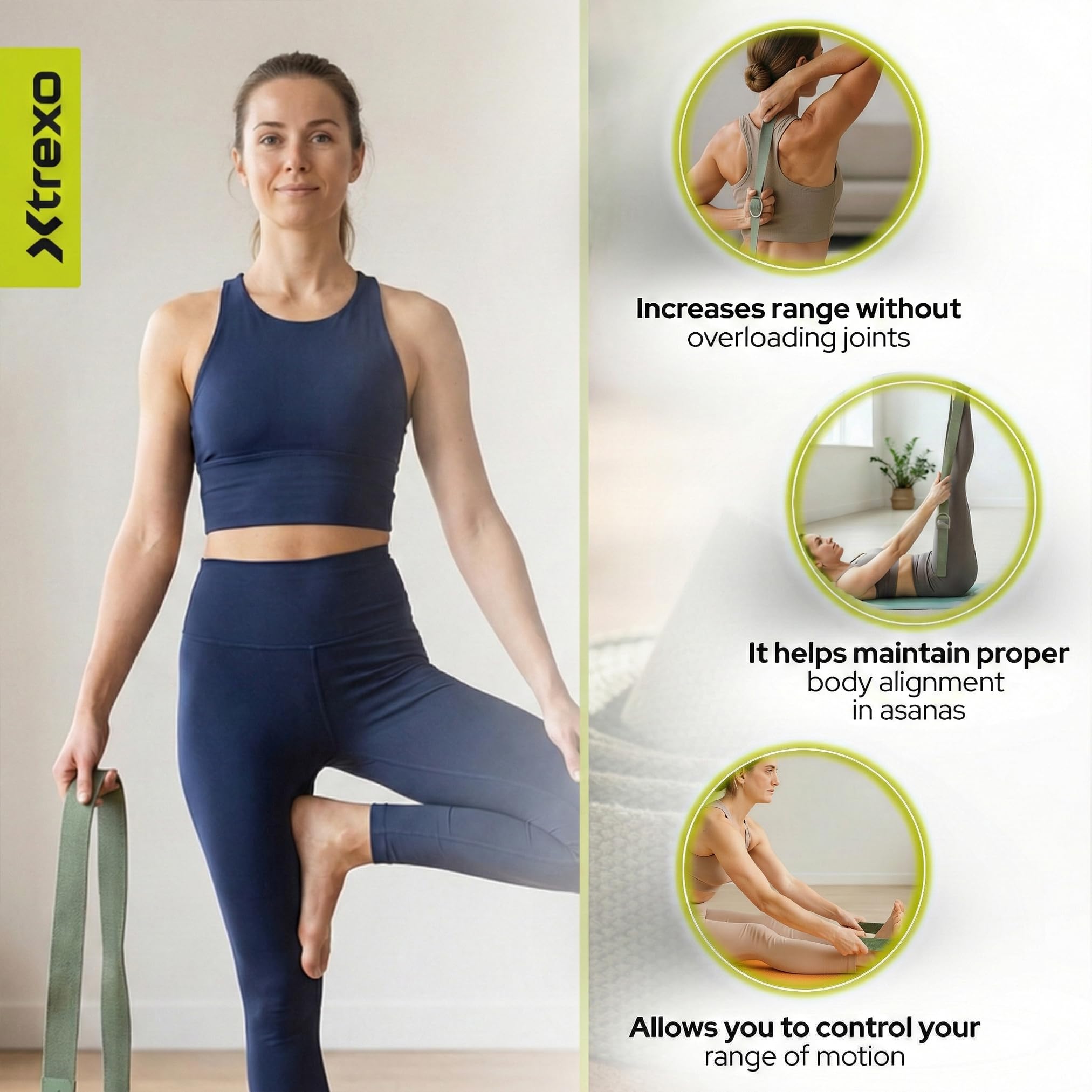 TREXO Sangle de yoga 183 x 3,8 cm - Boucle en forme de D - Réglage facile de la longueur pour différents asanas - Convient à différentes préférences - Accessoire idéal pour tout le monde