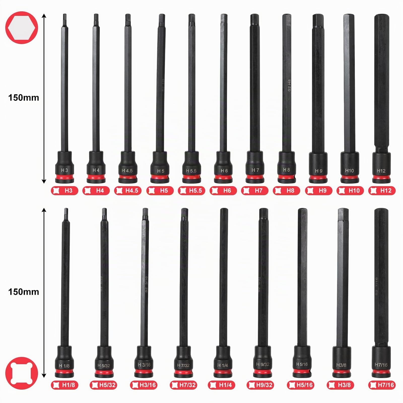CPROSP 20pcs Douille Allen 3/8", Jeu de Hex Douille Longue 150mm, Jeu de Doucles Empreintes Métriques (3-12 mm) et SAE (1/8" - 7/16"), avec étui
