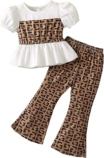 Girl's 2 Piece Geo Print Short Puff Sleeve Peplum Blouse Top and Flared Leg Pants Set