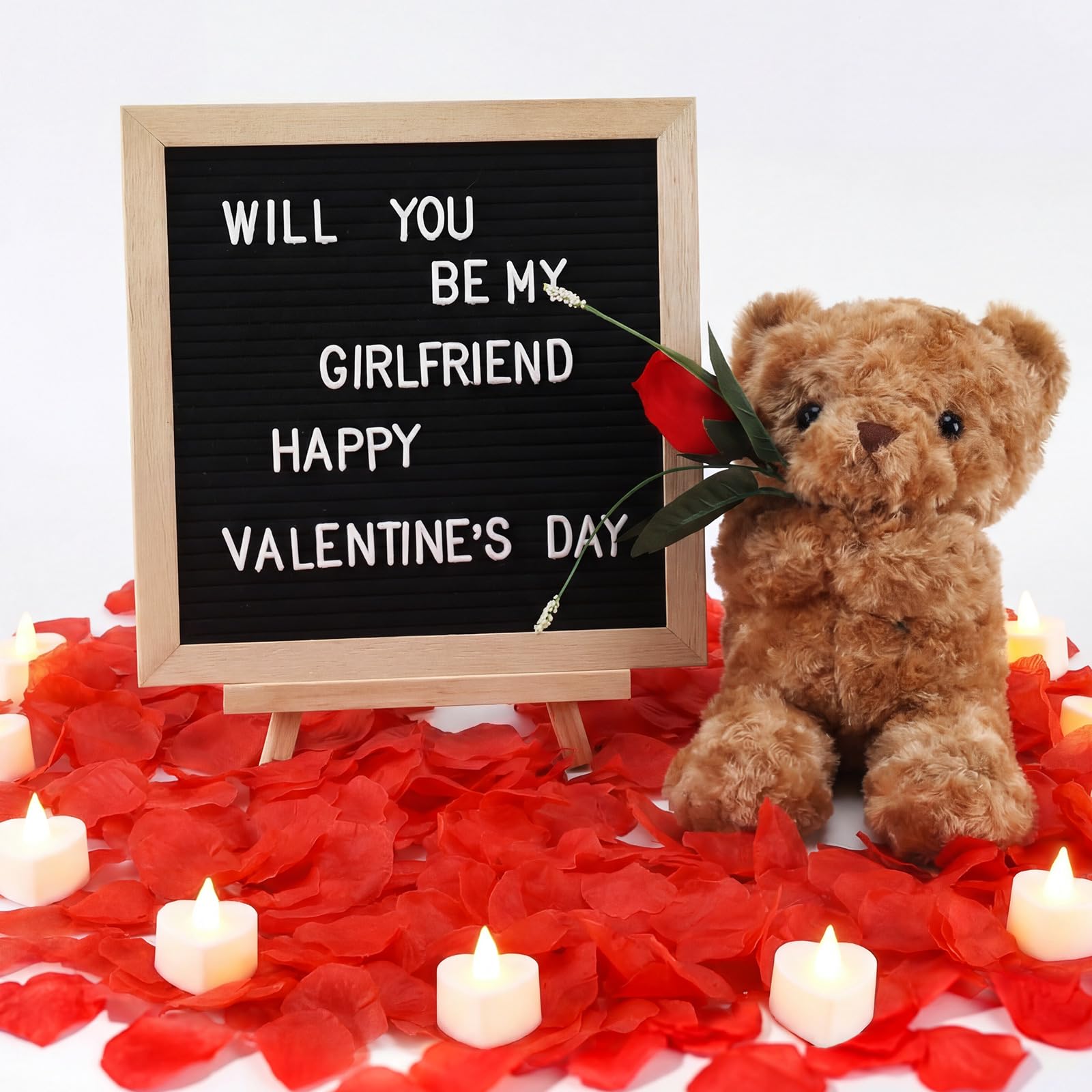Ceenna Panneau romantique Will You Be My Girlfriend avec bougies LED et pétales de rose artificiels, cadeau animal en peluche avec rose, panneau à lettres en feutre pour la Saint-Valentin (rouge)