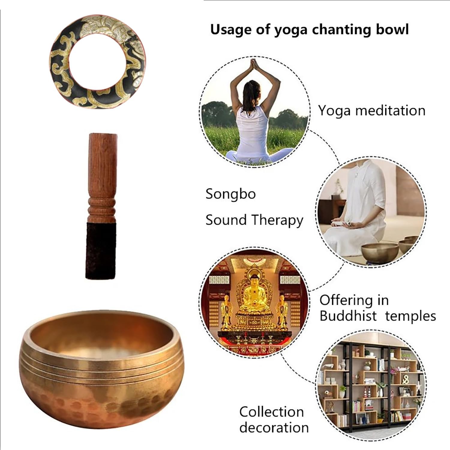 campana tibetana，Ciotola Per Cantare,Con Bastone In Pelle Di Pecora,Rondella e Sacchetto Di Conservazione,Martellato a Mano,13 Cm,8 Cm Ciascuna,Per La Meditazione,Lo Yoga e i Chakra,Per Donne e Uomini