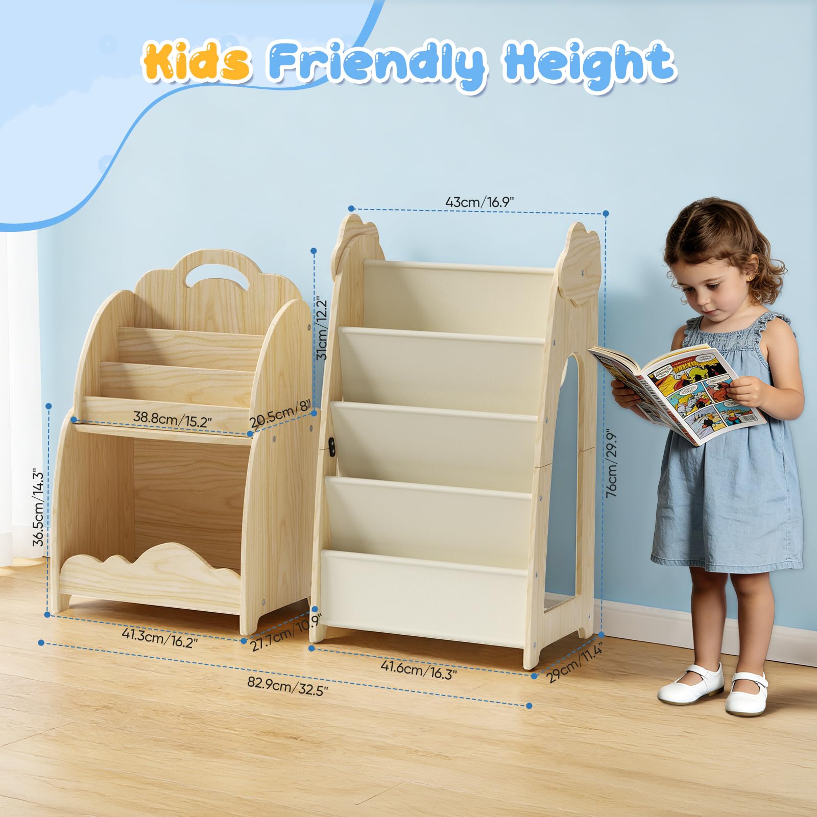 Kinderregal, 3-in-1 Kinderbücherregal und Spielzeugaufbewahrungsregal mit Hängetasche, Tragbares Bücherregal mit Griff, Aufbewahrungsregal aus Holz für Schlafzimmer und Spielzimmer (Abnehmbar)