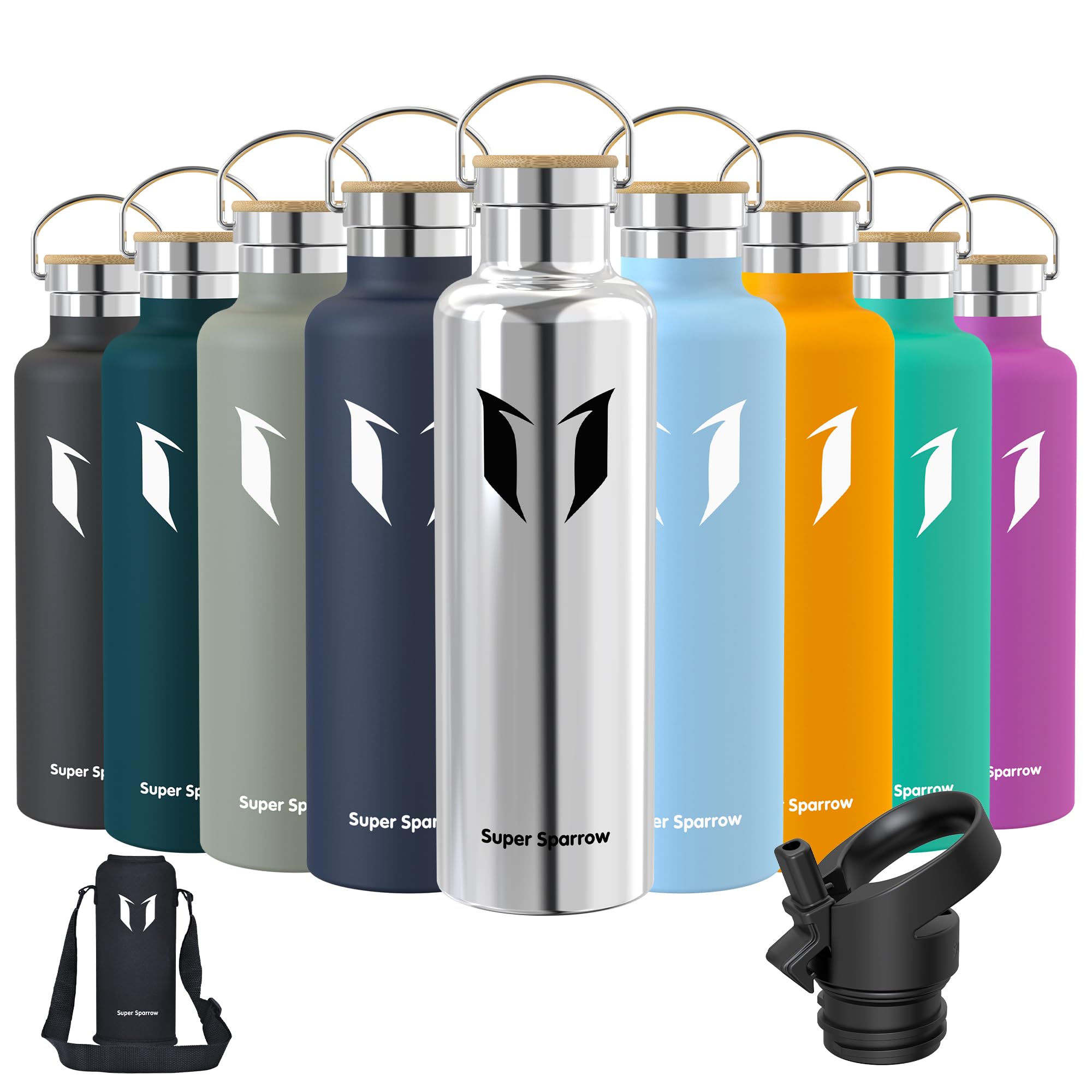 Super Sparrow Borraccia Termica - Bottiglia Termica Senza Perdite - 350ml/500ml/620ml/750ml/1L - Senza BPA Borracce Bambini - Per Scuola, Sport, Campeggio, Palestra, Ciclismo - Con 2 Tappi