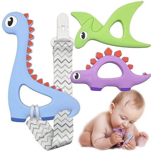 Juguetes de dentición de silicona con cuerda anti caída, juguetes de dinosaurio para bebés, juguetes de dentición para bebés de 0 a 6 meses,