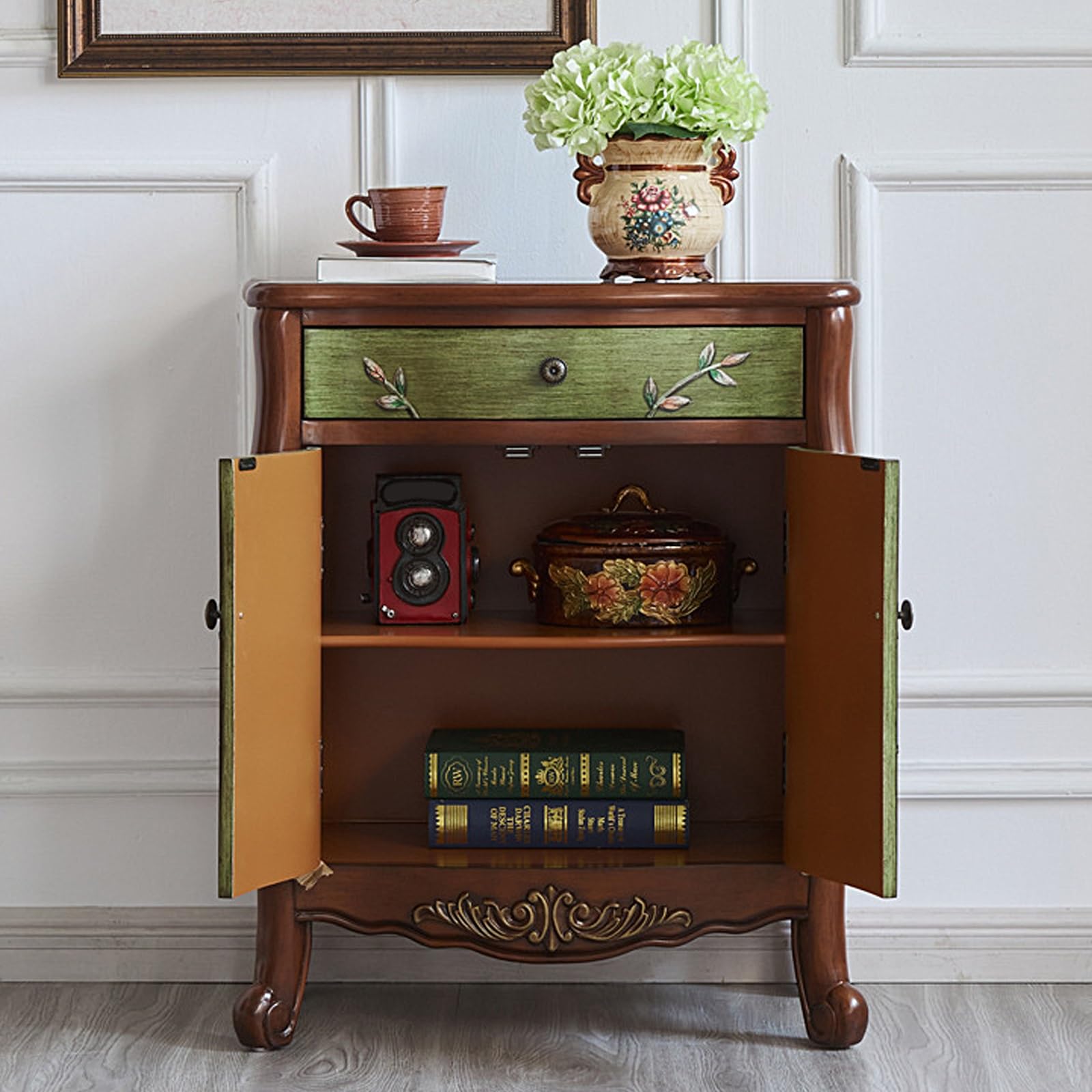 Szafka na Biżuterię z 1 Szufladą i 2 Drzwiami Drewniana Szafka Boczna Szafki do Sypialni Meble Malowane w Stylu Retro (Orzech i Zieleń, 66 * 33 * 77.5cm)