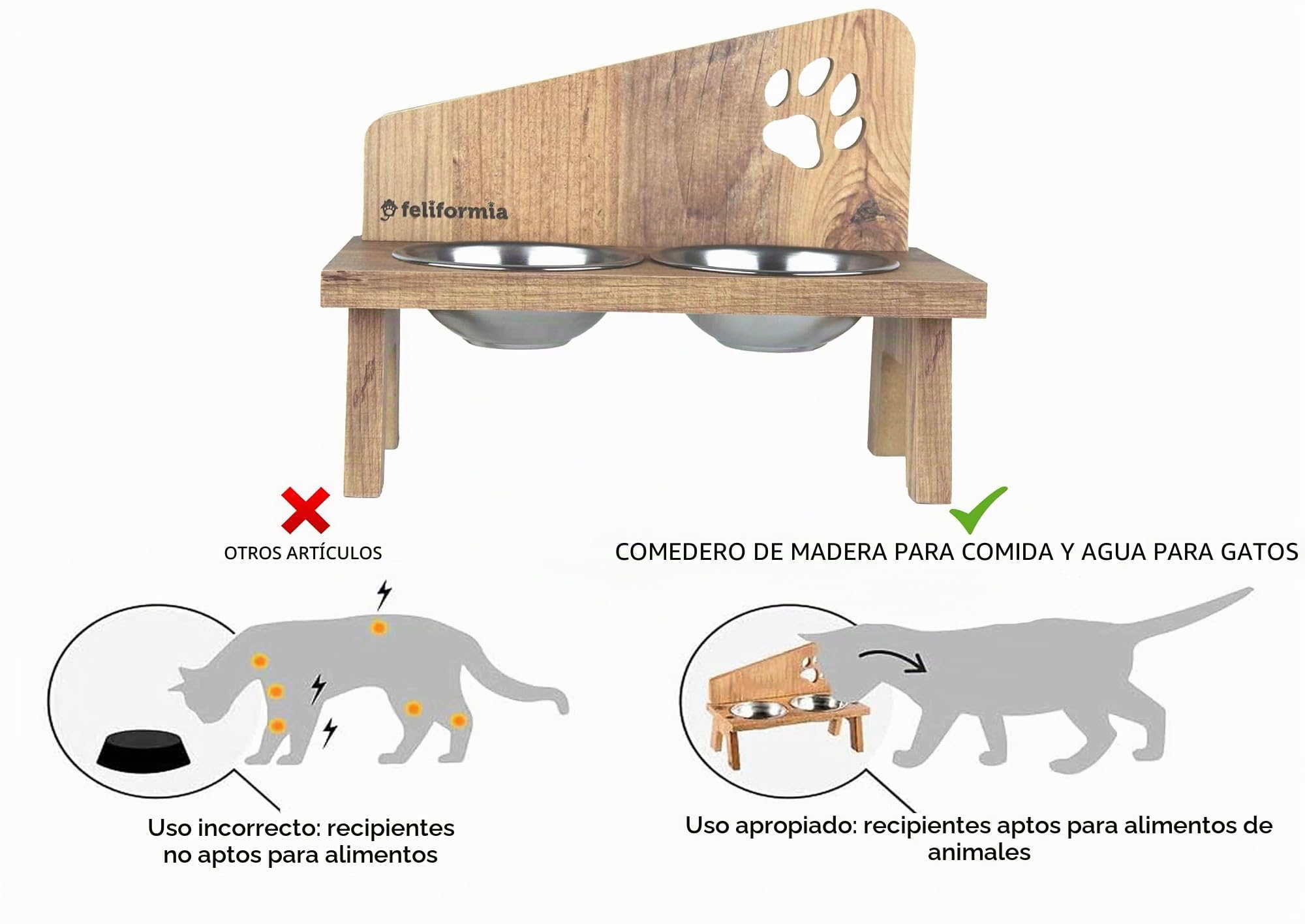 Feliformia® - Cuenco para gatos (600 ml, soporte de madera, con dos cuencos, acero inoxidable)