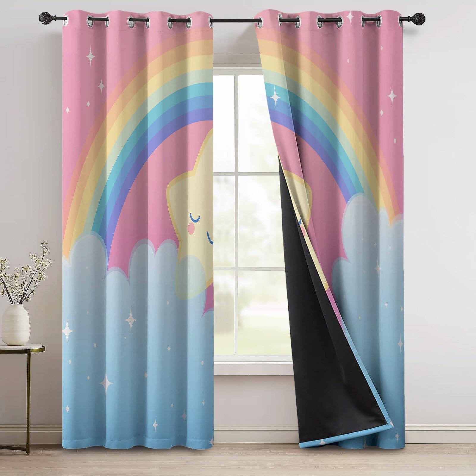 Śliczne nieprzezroczyste zasłony z kreskówek chmury gwiazdki - 140 L x 260 H cm (2 panele) zasłona 100% blokada światła termoizolacyjne zasłony z oczkami, różowo-niebieskie zasłony do salonu sypialni