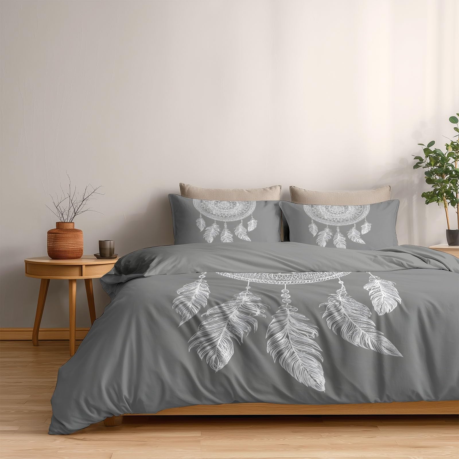 Generisch Romantischer Boho 3-teiliges Bettwäsche-Set, Grau 1 Bettbezug 180 x 200 cm und 2 Kissenbezüge 80 x 80 cm, Spitze Feder TraumfängerWeiche Mikrofaser, Reißverschluss, Ganzjahres