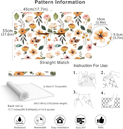 Miniatura 7 de HAOKHOME 93246-2 Papel tapiz floral para despegar y pegar, papel de contacto extraíble texturizado blancoamarilloverde para dormitorio y baño, 17.7