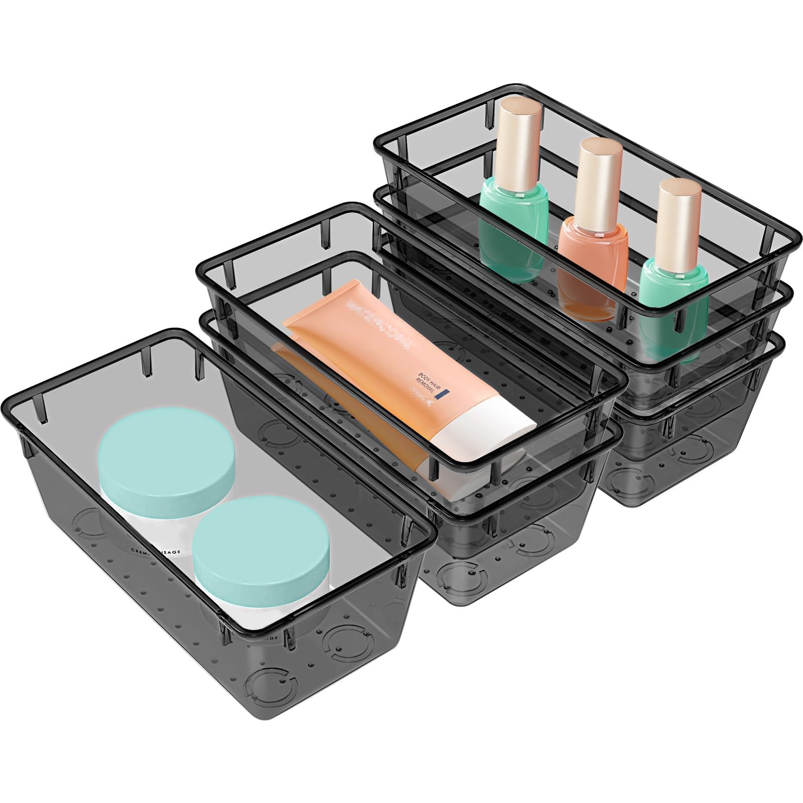 WOWBOX 6 PCS Clear Plastic Drawer Organizer Set, Desk Drawer Divider Organizers and Storage Bins for Makeup, Jewelry, Gadgets for Kitchen, Bedroom, Bathroom, Office, Black