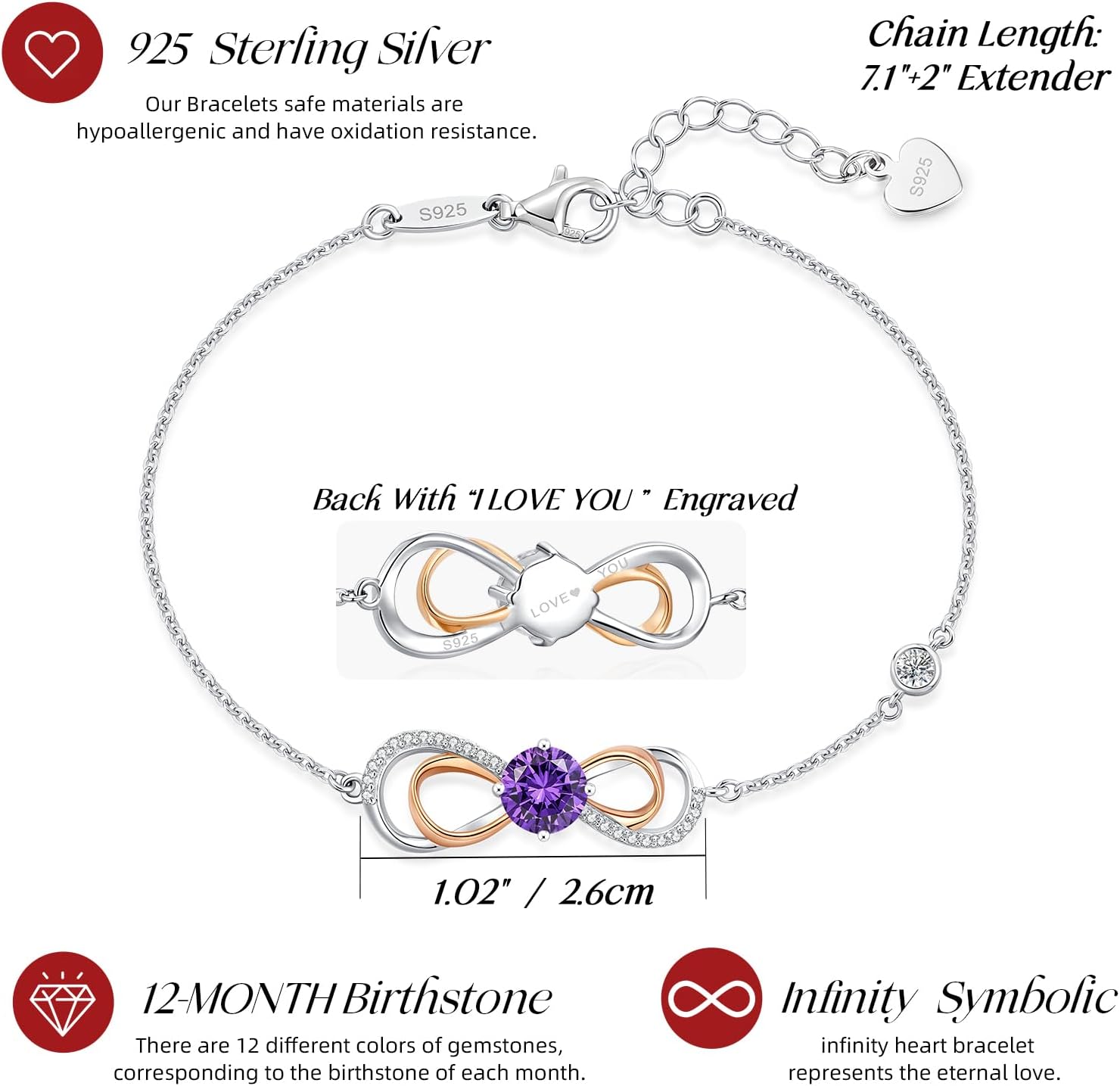 LOUISA SECRET Rose Gold Infinity Heart Bracelet for Women, Adjustable Chain 925 Sterling Silver Link Birthstone Bracelets, Best Anniversary Birthday Jewelry Gifts for Women Mom Wife Her - Image 7
