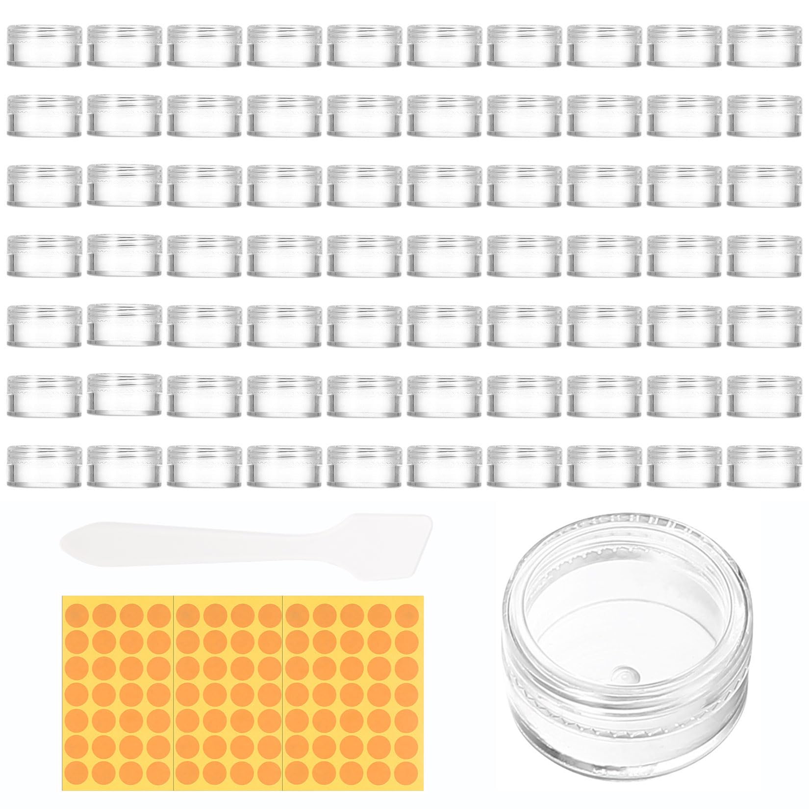 71 Pz Barattolini Plastica Piccoli con Tappo, 5ML Mini Barattoli per Campioni, Vasetti Piccoli per Cosmetici, Barattoli da Viaggio Campioncini Creme, Contenitori per Creme + Raschietto/Etichette