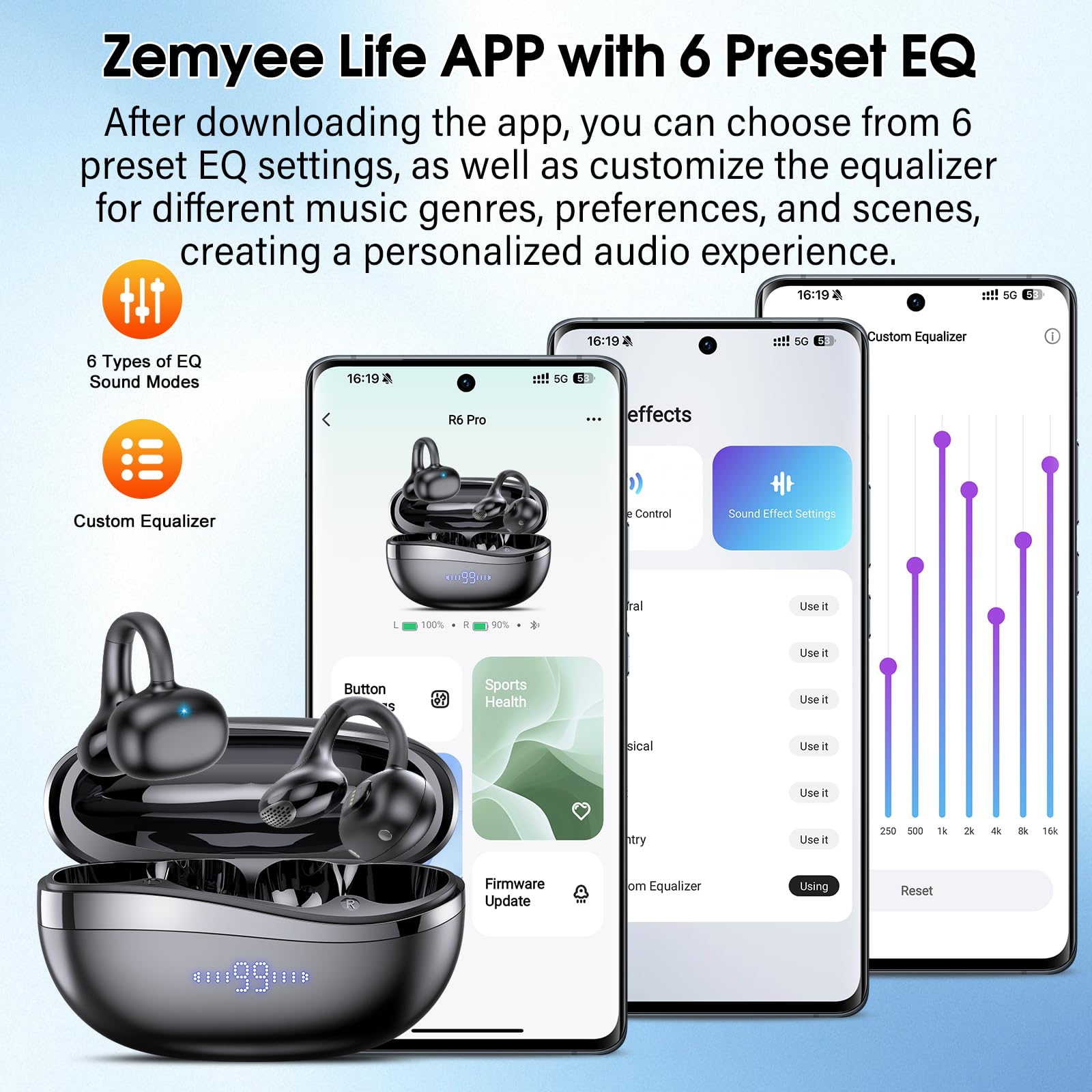Open Ear Bluetooth 6.0 Kopfhörer mit Herzfrequenzmessung, Clip On Earbuds | 72H Kabellose Ohrhörer, HiFi-Sound, benutzerdefinierter APP-EQ und 6 EQ-Modi, benutzerdefinierte Tippsteuerung, Schwarz