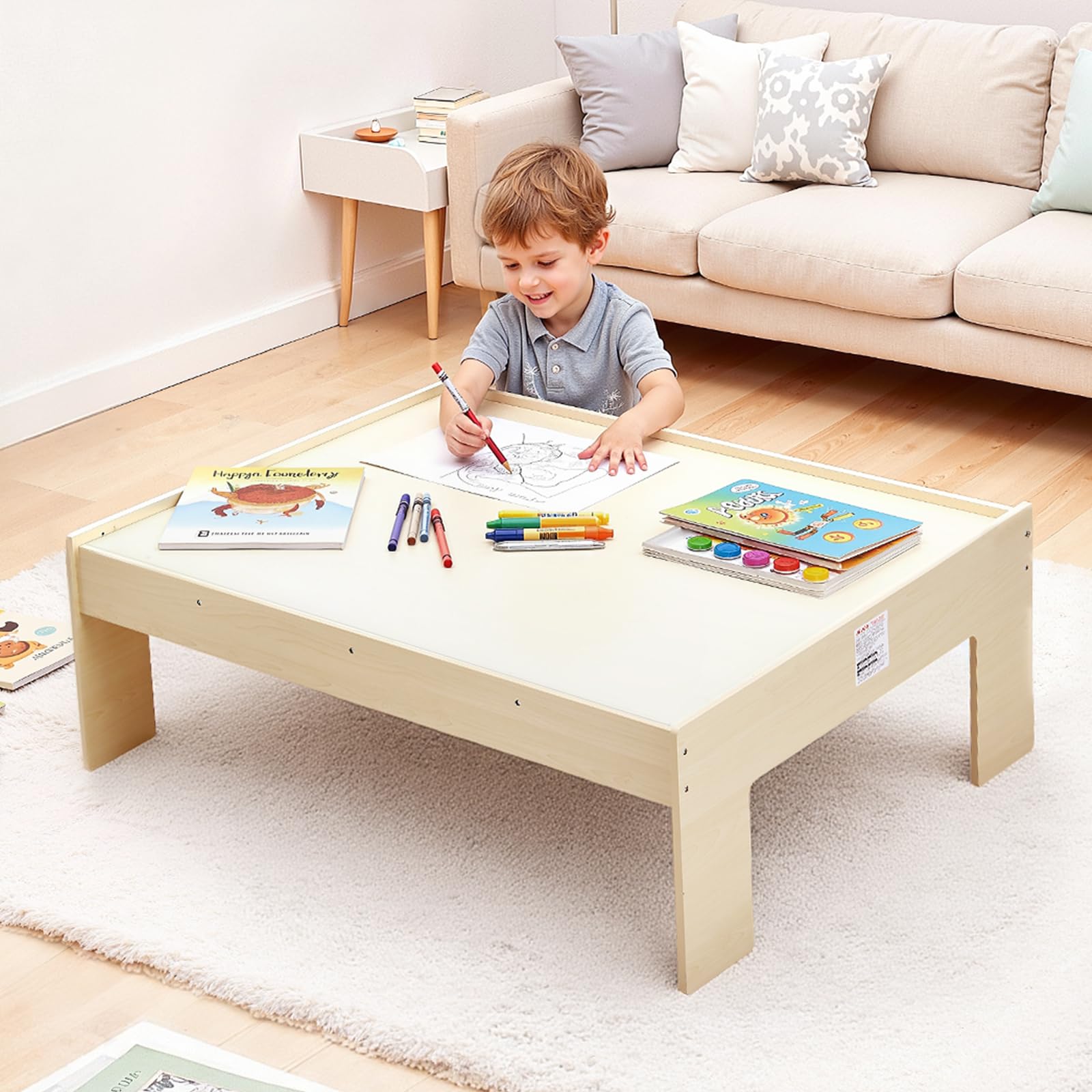 VEVOR Holz Aktivitätstisch, 120-teilig, mit zusammenklappbarem Aufbewahrungsbehälter, 3-in-1-Eisenbahn-Set zum Spielen, Malen, Lesen, Essen, kreatives Spielzeug-Set für Kinder ab 3 Jahren