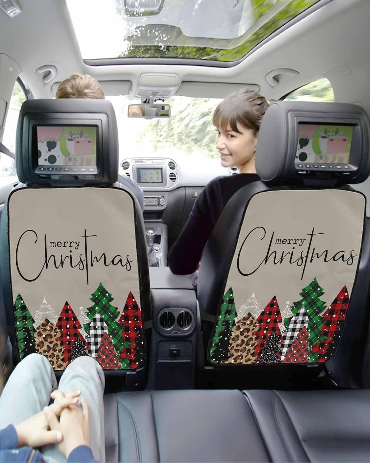Car Seat Protector, 2 Pack Kick Mats Back Seat Protector Merry Christmas Green and Red Plaid Buffalo Tree Brown Waterproof Backseat Cover for Kids Universal Fit Automotive Interior Protectors