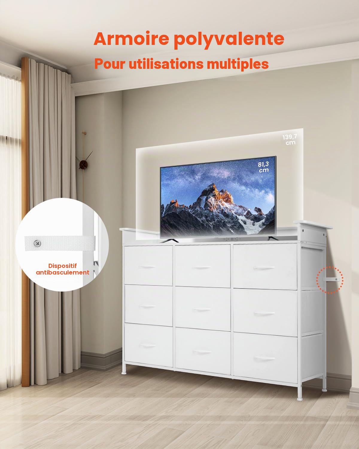VEVOR Commode Haute en Tissu à 9 tiroirs, Meuble de Rangement avec bacs Tissu, tiroir de Rangement pour Placard, Cadre en métal Robuste, lumières LED et Prise intégrée, pour Chambre, Couloir, Blanc