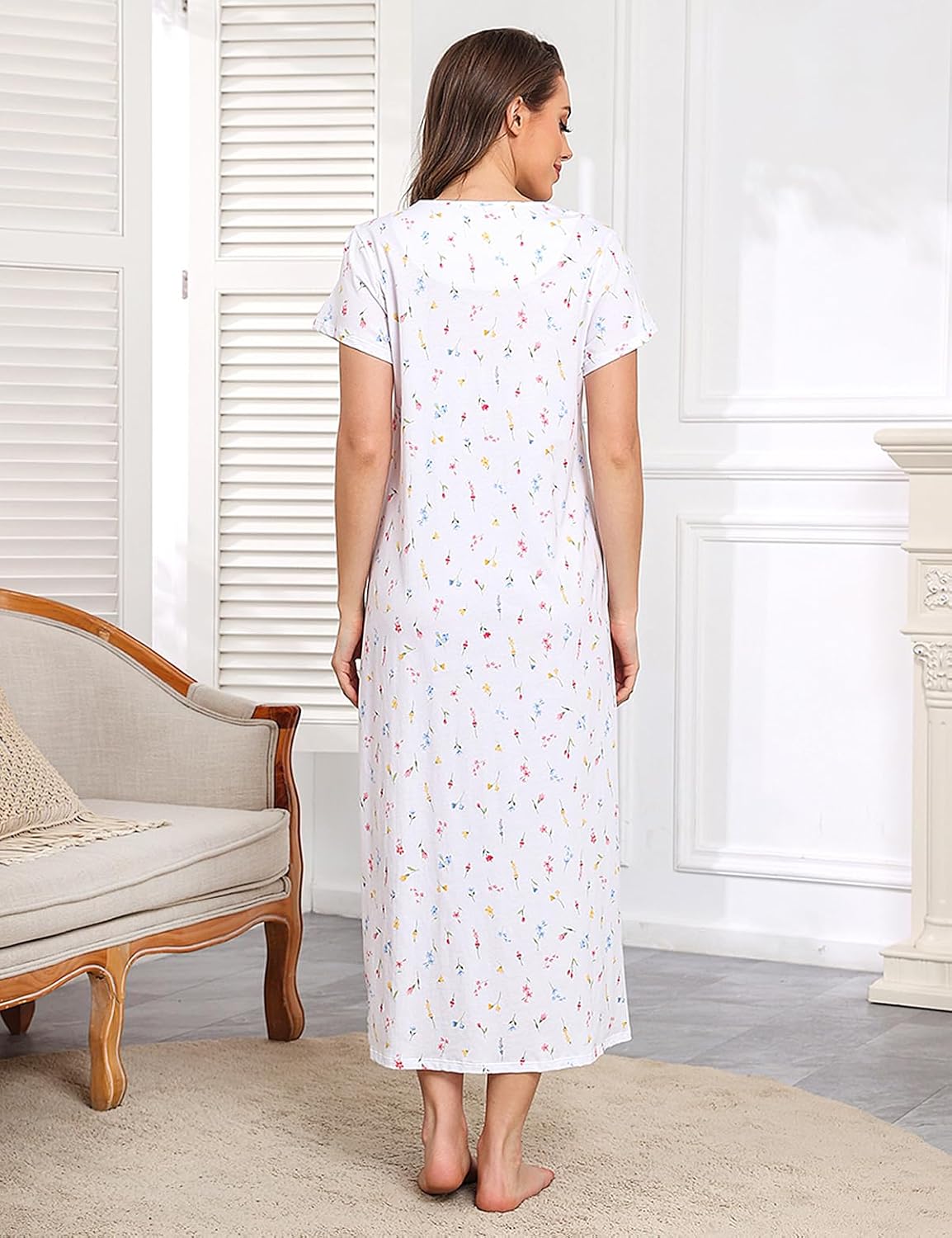 MZROCR Cotton Women's Nightgowns Soft Night Gowns for Women Sleepwear Short Sleeve Sleepshirts Print White - Image 8