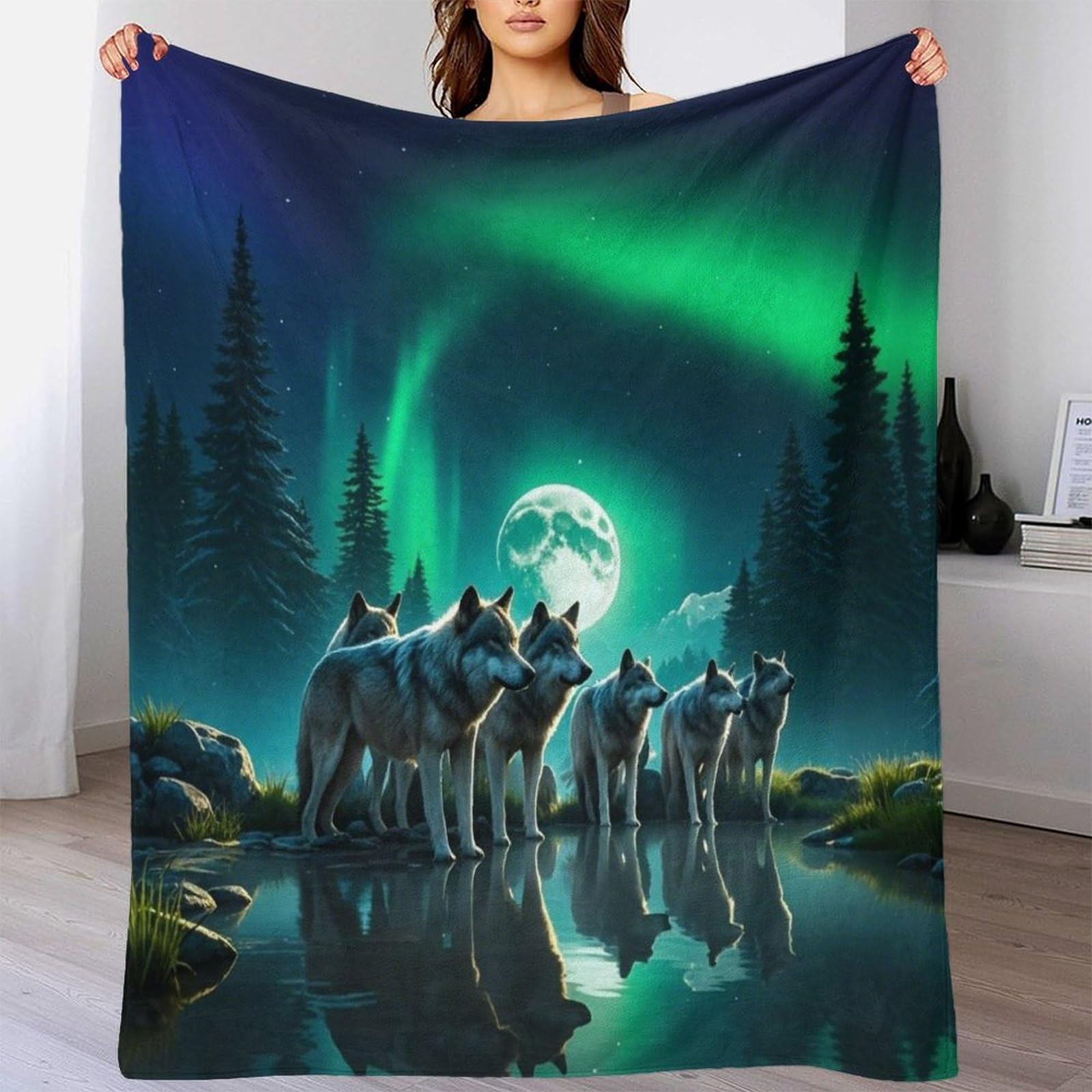 LILIlaobiao Sherpa Green Aurora Throw Blanket for Couch Sofa - Fleece 3D Tufted Fuzzy Soft Cozy Blanket for Bed, Thick Warm Full Moon Wolfpack Blanket 50x60inch(127x152cm) for All Seasons