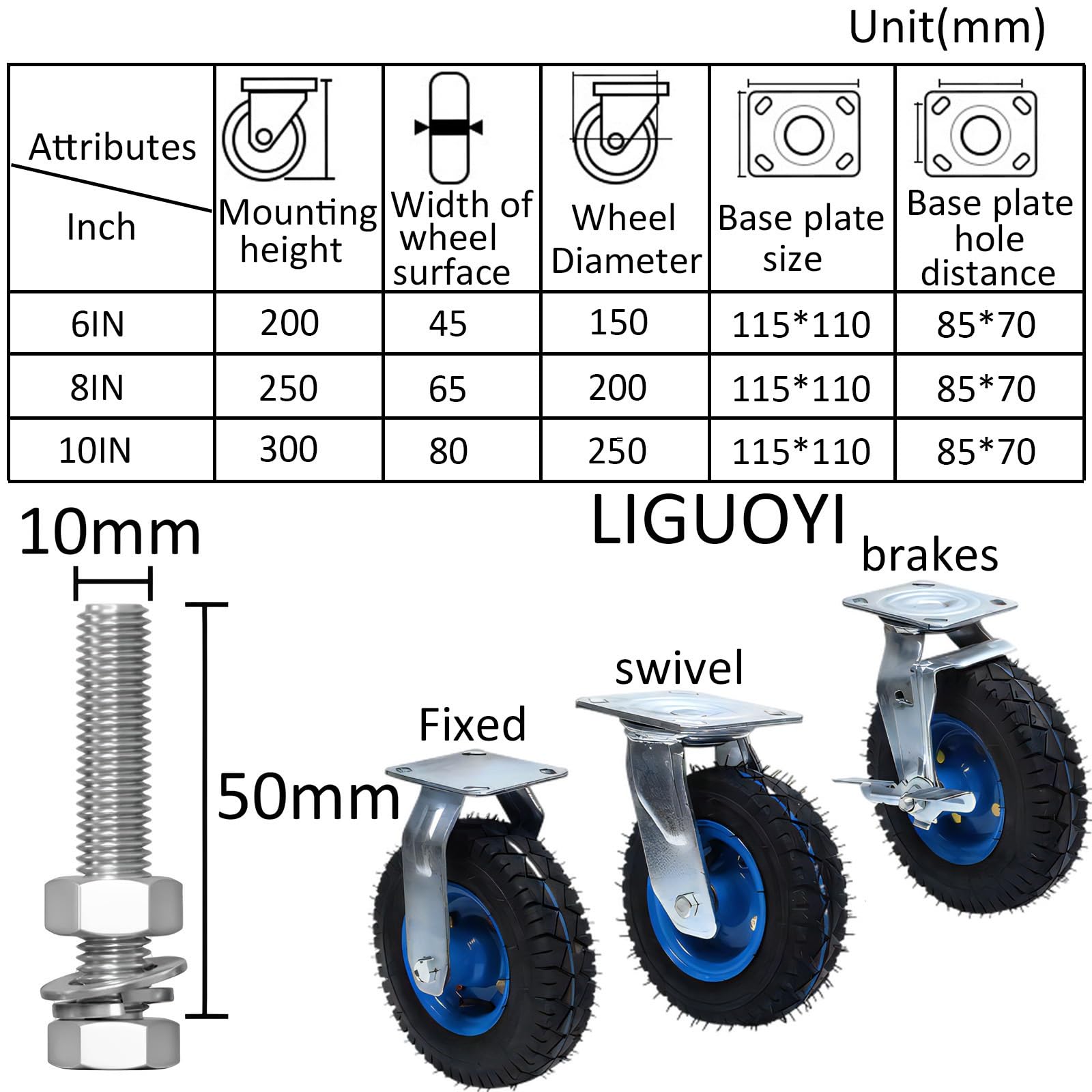 Set di 2 Ruote girevoli di Ricambio, Ruote girevoli pneumatiche con Freno, Ammortizzazione, Ruote fisse da 6"/8"/10", per carrelli a Mano/carrelli portautensili/carrelli da giardin