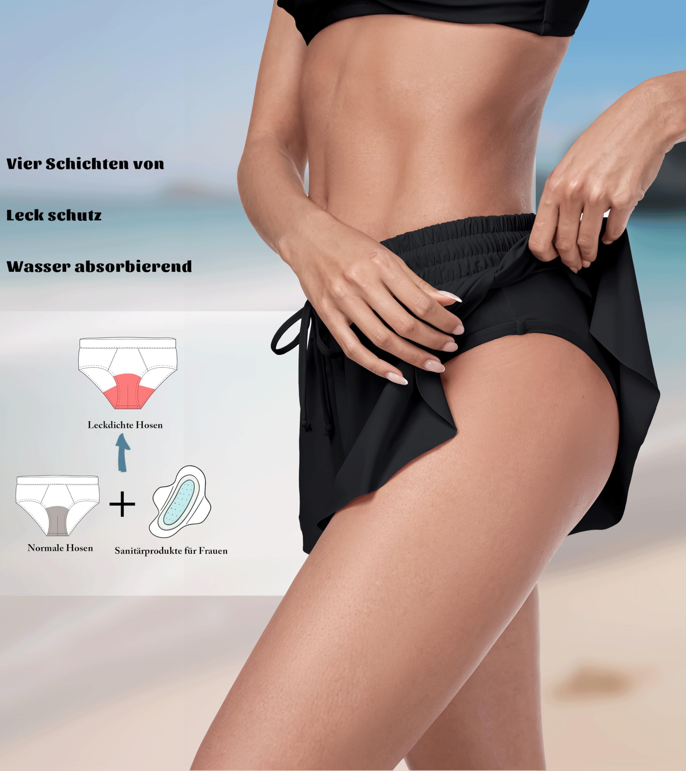 Periode Badeanzug Leckdicht‌ 2-in-1 Bikini Bottoms Badeshorts Athletik Badehose Menstruations Bademode für Teen
