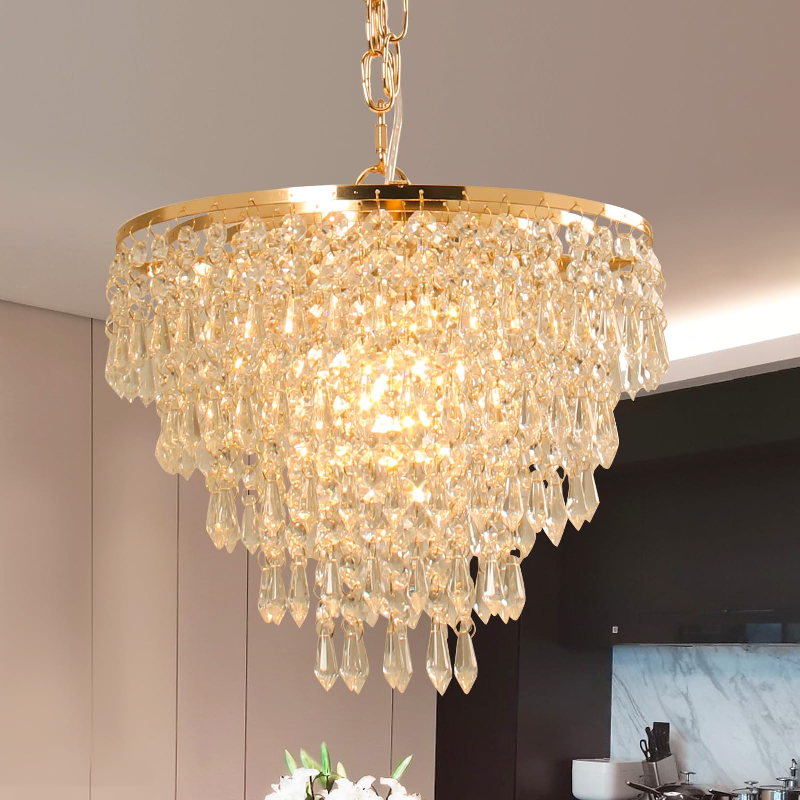 Photo 1 of FRIXCHUR Gold Crystal Chandelier Pendant Light, 11.8" Dia