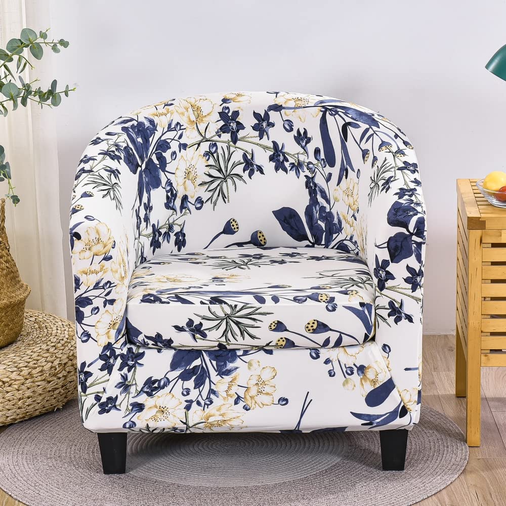 Highdi Blue Flower 2 Piece Classic Floral Tub Chair Cover Armchair Slipcovers With Cushion Cover Stretch Spandex Removable Washable Tub Chair Protector For Club Living Room Reception (Blue Flower)