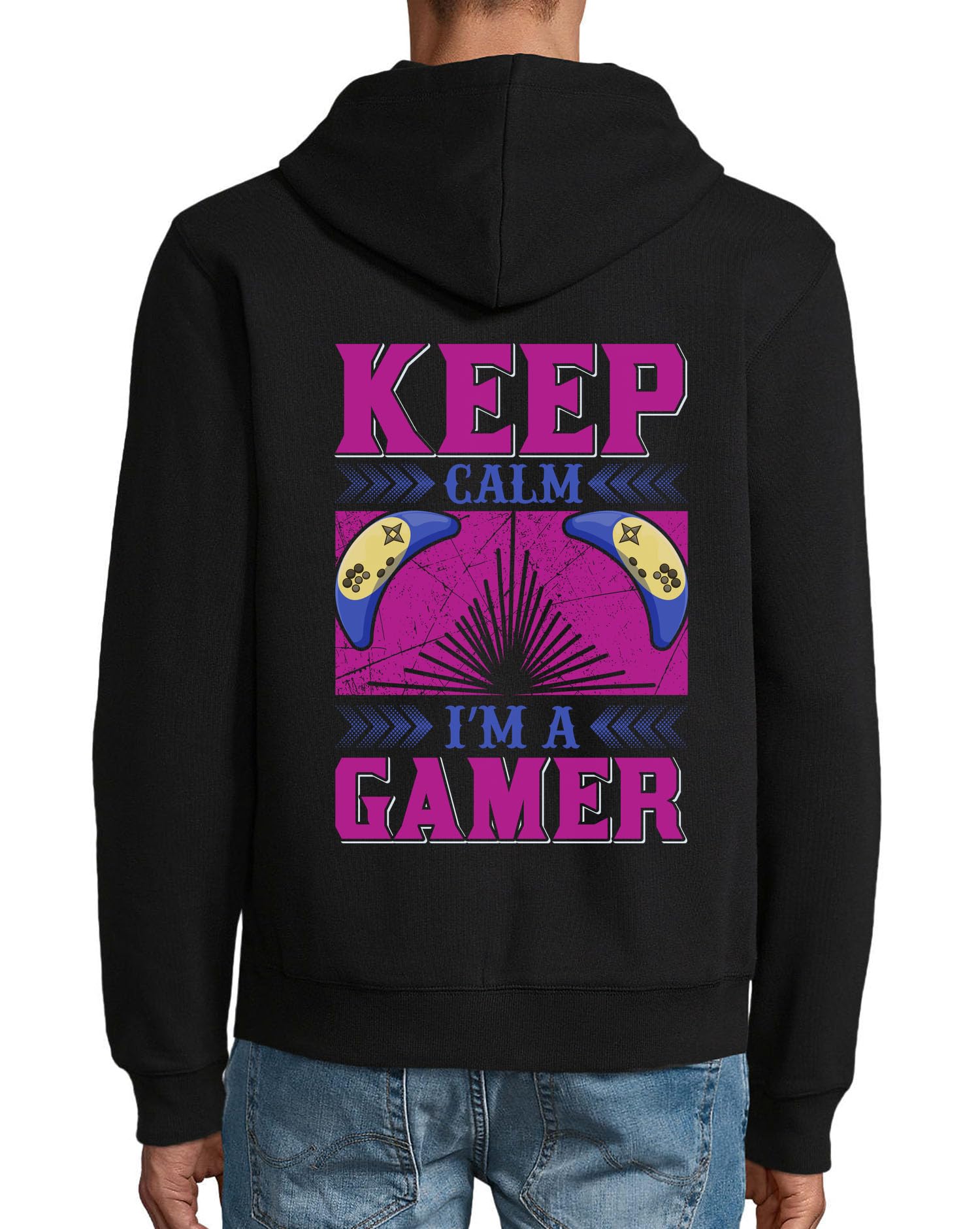 Felpa con cappuccio in misto cotone con scritta "Keep Calm I'm A Gamer", colore nero