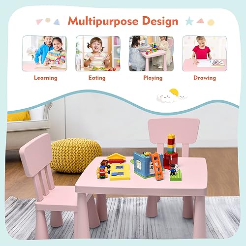 Miniatura 8 de COSTWAY Juego de mesa y sillas para niños de 3 piezas, centro de actividades infantiles de plástico ligero para leer, escribir, pintar, merienda,
