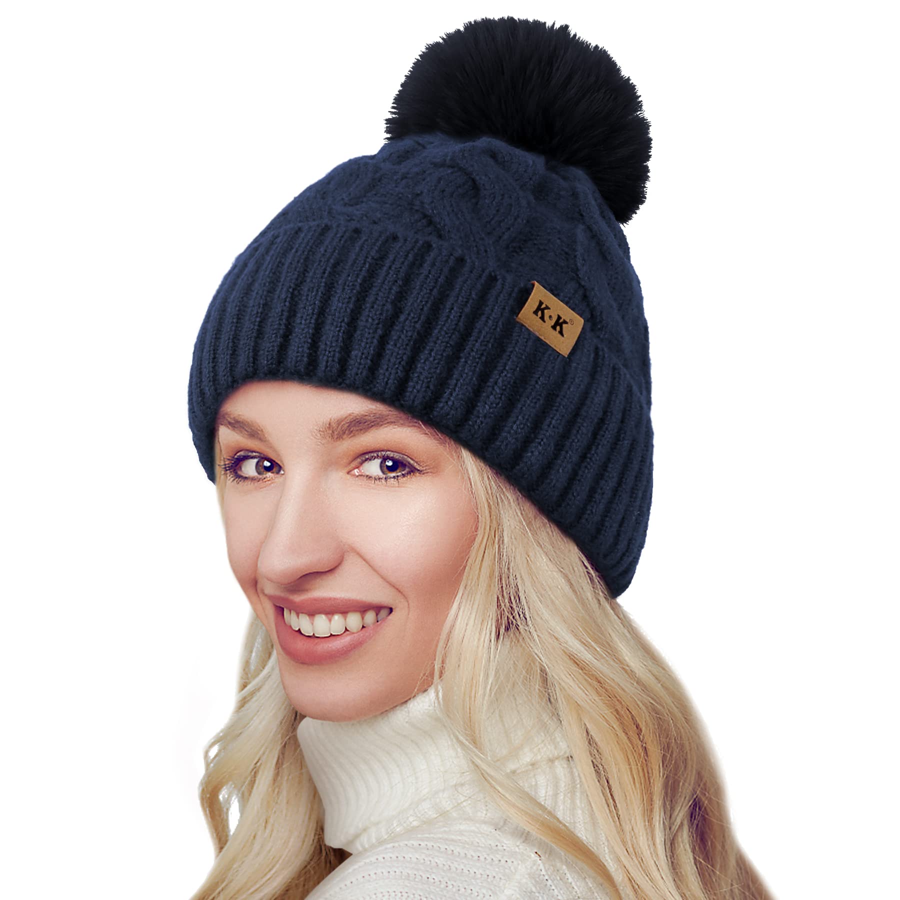 Winter Hats for Women Warm Knitted Bobble Hat Fleece Lined Thermal Beanie  Hats Ladies Soft Ski Cuff Cap with Pom Pom