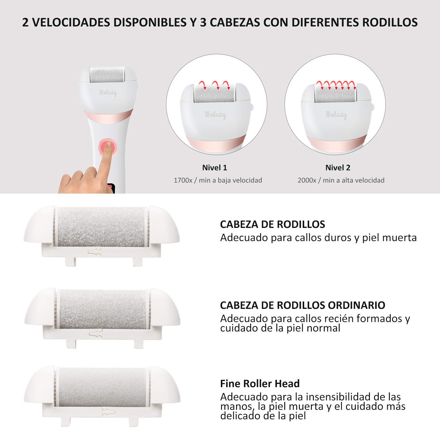 Lima Electrica Pedicura Profesional Recargable Wolady IPX7 Impermeable Eliminar Callos Pies Durezas Cuidado Lima Blanca de Metal, 3 Recambios 5 Niveles Bateria 1200MAH 2 Velocidades