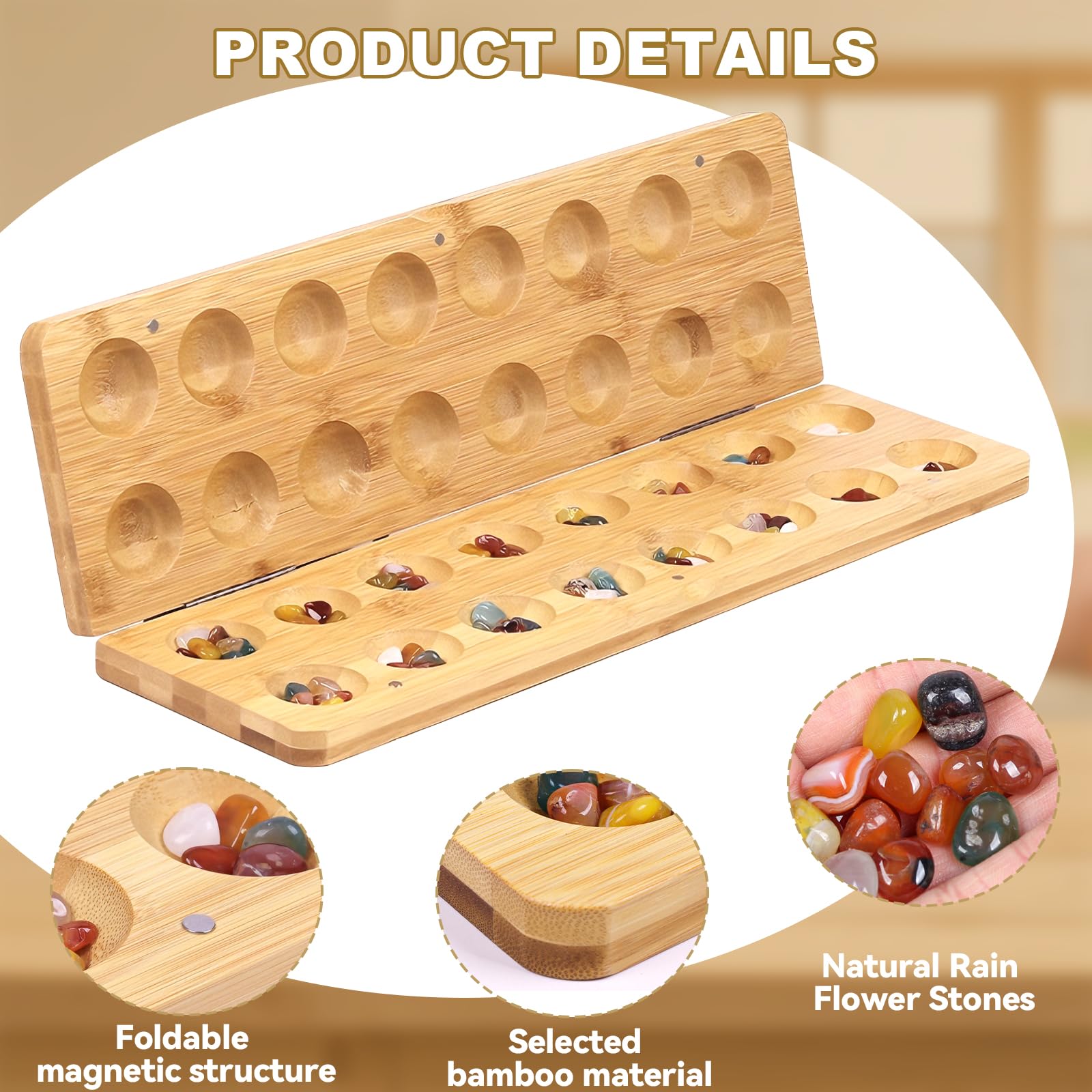 Faltbare Kalaha Spiel mit 65 Steine, Steinchenspiel Mancala Brettspiel Steinchenspiel Holz mit Steinen Hus Bao Rätselspiele, für Reisen Partys Schulaktivitäten für Alle Altersgruppen Geeignet