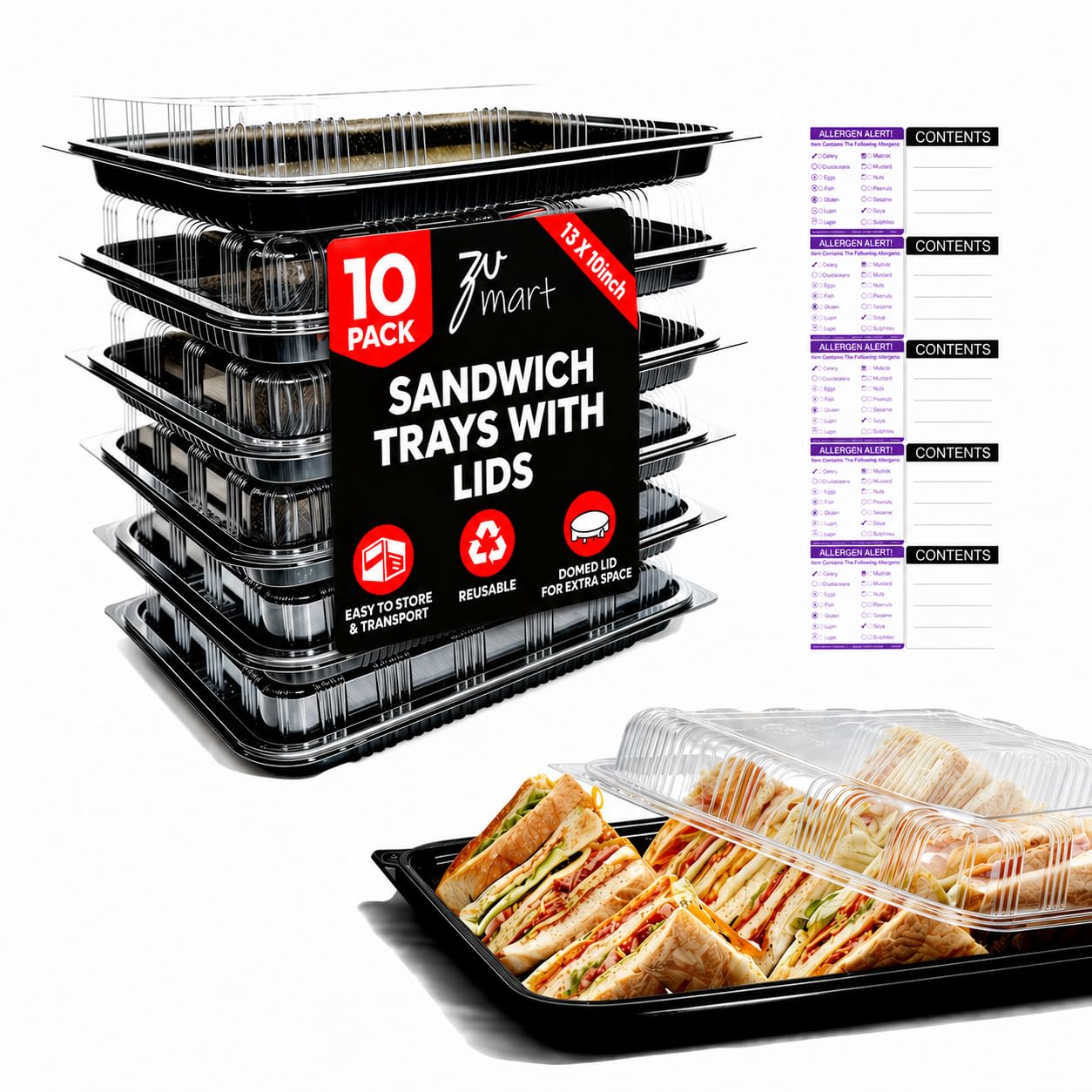 Lot de 10 plateaux à sandwich avec couvercles – Plateaux réutilisables en plastique avec couvercles pour la préparation des repas, gâteaux, friandises et sandwichs