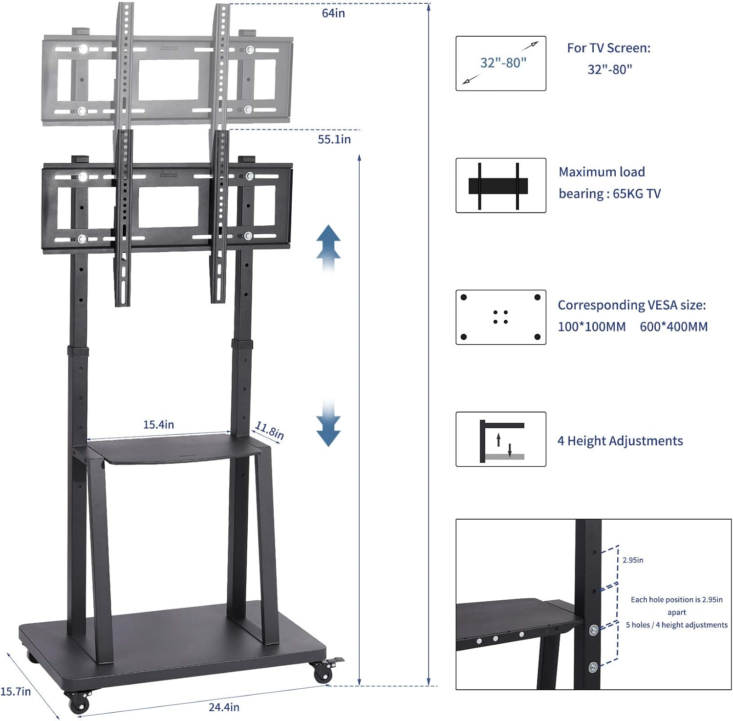 Diagram showing the dimensions and height adjustment range of the unho 950A Mobile TV Cart, indicating TV screen compatibility from 32 to 80 inches, maximum load bearing of 65kg, and VESA sizes from 100x100mm to 600x400mm. It also shows 4 height adjustment levels with 2.95 inch increments.