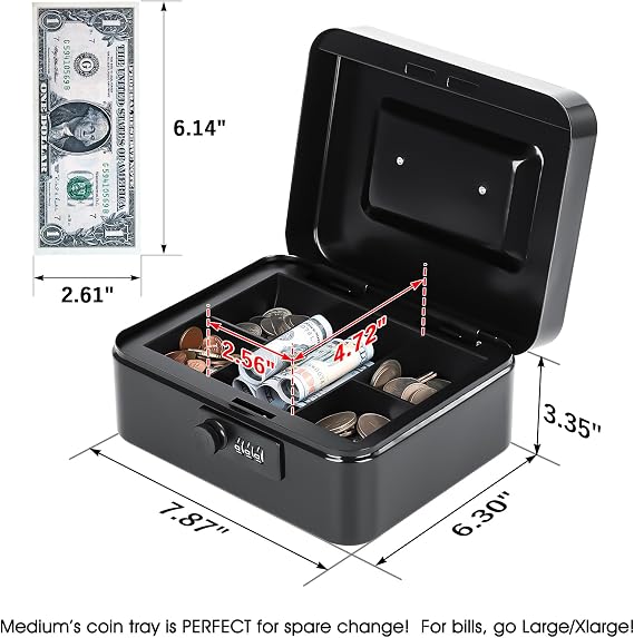 KYODOLED Small Cash Box with Combination Lock & Removable Money Tray, Black