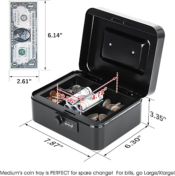 KYODOLED Small Cash Box with Combination Lock & Removable Money Tray, Black