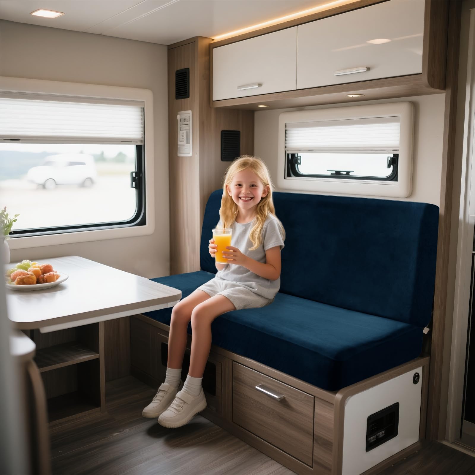 UNBBRRL Motorhome Seat Covers Stretchy Velvet, Caravan Dinette Cushion Cover Set (2pcs), RV Bench/sofa Cushion Cover with Fixing Ties (dark teal,Rectangle-L)