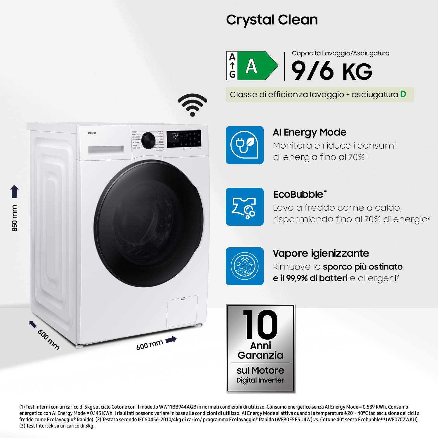 Samsung Lavasciuga Crystal WiFi WD90DG5B15BEET, 9+6 kg, Wifi, AI Ecobubble, Vapore Igienizzante, AI Energy Mode, Carica Frontale, 60L x 85H x 60P cm