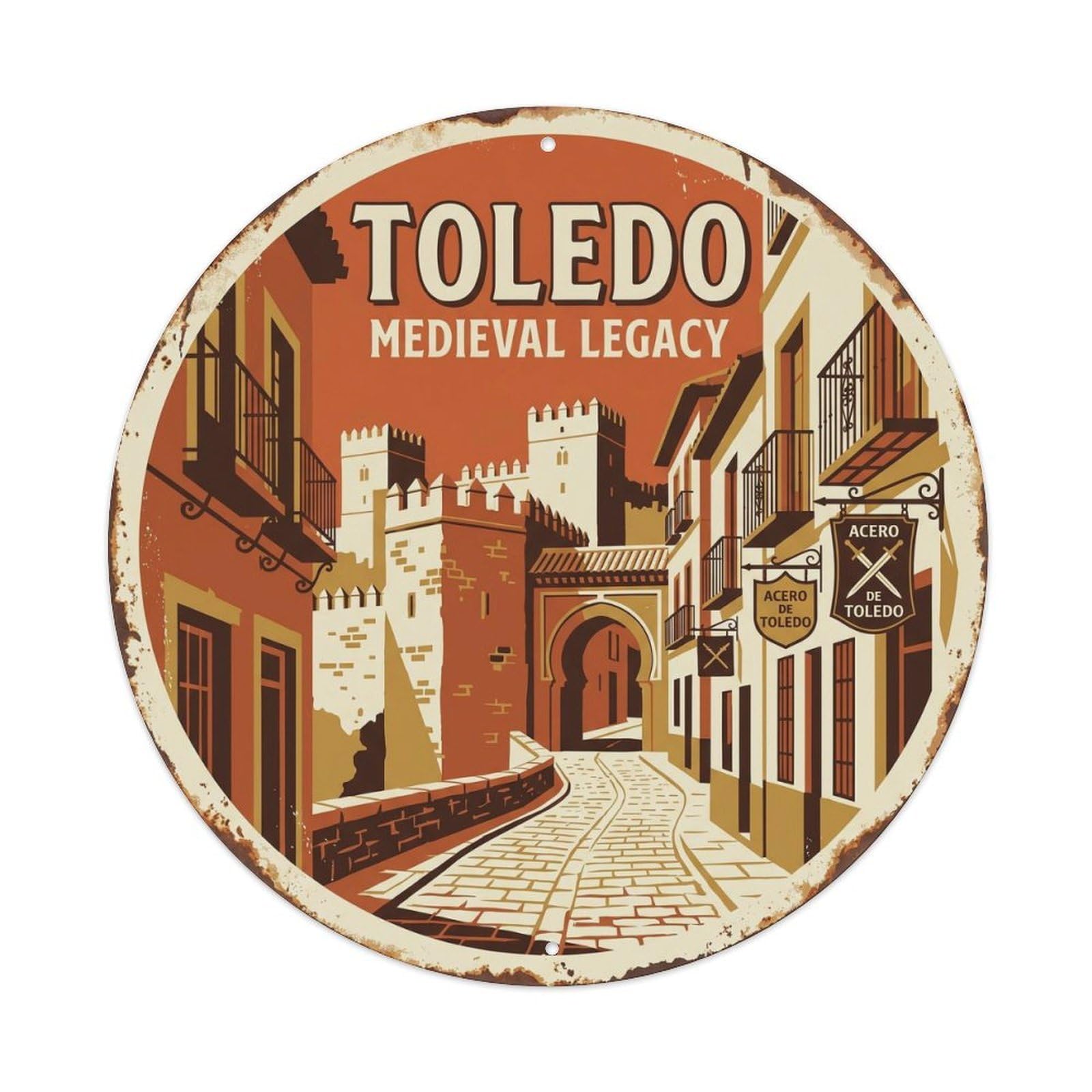 Vintage Travel Toledo Stone Spain Metal Tin Sign Plaque Wall Decor for Cafe, Club, Garden Round Metal Poster 8x8Inch